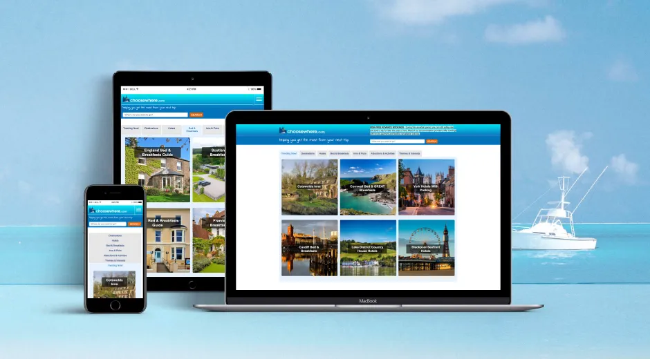 An iPhone, iPad and laptop displaying the Choosewhere website home page.