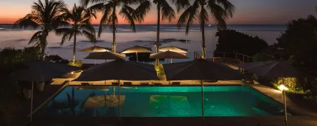 Pool with palm trees by the sea at sunset